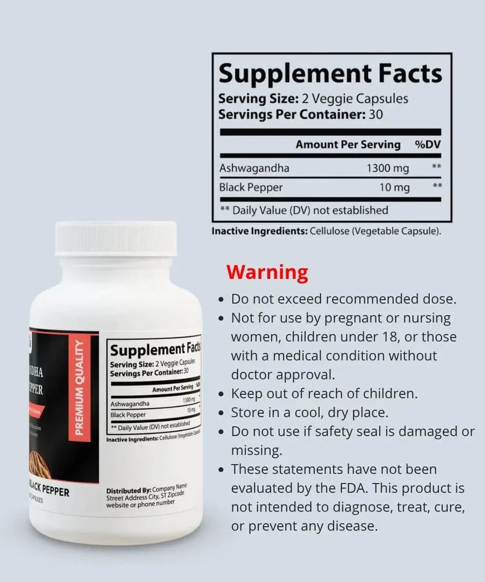 Nutritia Ashwagandha and black pepper extract Supplement Facts